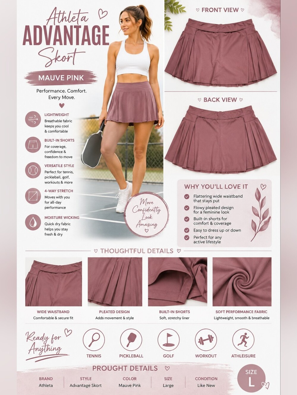 Athleta Advantage Skort Large Mauve Pink Pleated Tennis Pickleball Golf Skirt
